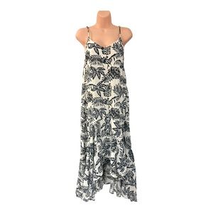 HYFVE Ruffle Hem Crinkle Shift High Low Maxi White Blue Frond Print Sun Dress